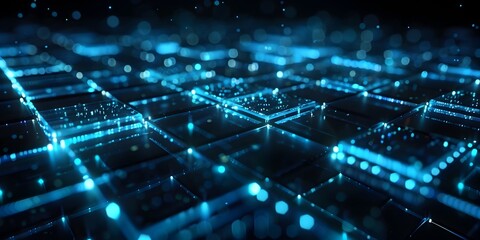 Glowing Digital Landscape with Interconnected Geometric Shapes and Patterns Representing Technological Visualization and Network Communication