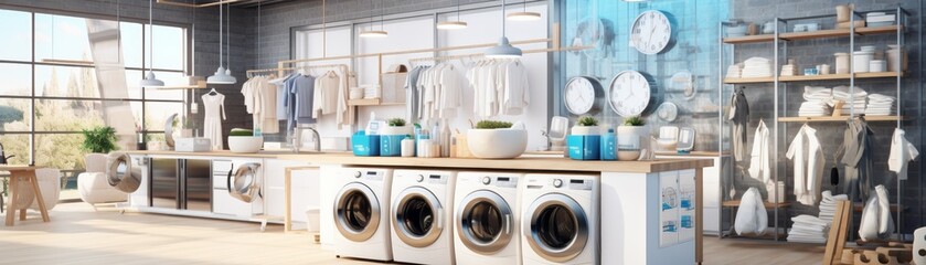 Modern laundry shop interior and washing machines