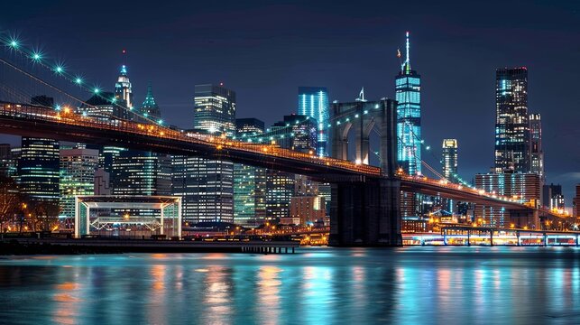 Fototapeta stunning nighttime view of brooklyn bridge illuminated new york city landmark urban landscape photography