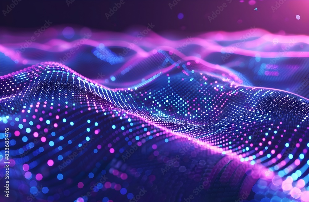 Poster hypnotic landscape of luminous waves and particles in dynamic 3d visualization