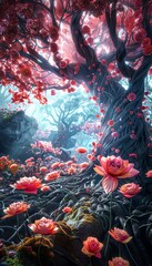 Bring Worms-eye view Love to life through CG 3D rendering, portraying a fantastical world where giant flowers bloom overhead, and intricate patterns of roots and insects symbolize loves interconnected