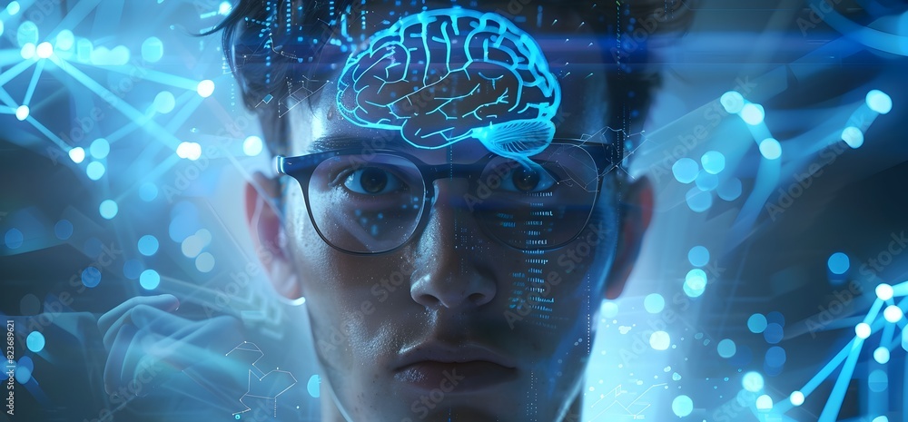 Poster conceptual brain depicting digital intelligence and technological innovation