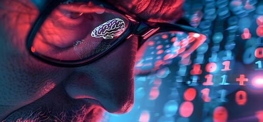 Digital Hacker in Cyber Security Analyzing Binary Code and Information on Futuristic Technology Interface