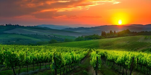 Sunset Over Tuscany Vineyards: Home to Italy's Finest Wines. Concept Travel, Sunset, Tuscany,...