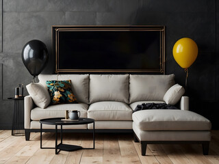Black Friday sales banner poster with sofa couch furniture gifts and balloons design.