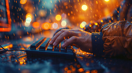 Modern neon cyberpunk open space outside in rain blurred with information technology overlay. Corporate strategy for finance, operations, and marketing. Table with keyboard for work out house. 