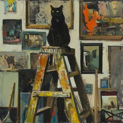 A black cat sits on a ladder in front of a wall of pictures