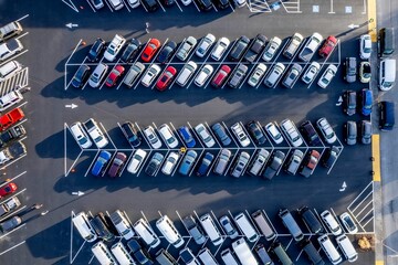 many cars parked in an empty parking lot of a city