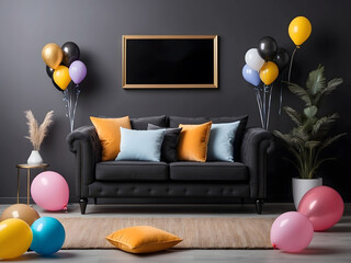Black Friday sales banner poster with sofa couch furniture gifts and balloons design.