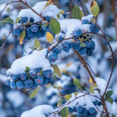 A branch of blueberries covered in snow