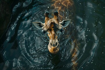 a giraffe swims in a deep river