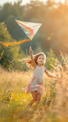 A young girl is flying a kite in a field