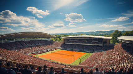Panoramic view of a tennis court filled with spectators in a stadium surrounded by trees under a clear sky