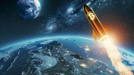to the moon bitcoin rocket soars over earth towards lunar destination financial concept illustration
