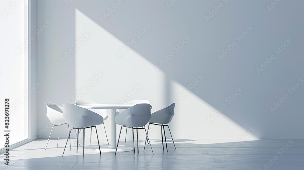Poster tranquil dining oasis minimalist 3d rendering of isolated table and chairs in pure white space digit