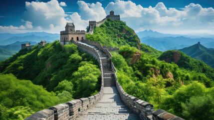 Iconic Great Wall of China snakes over lush green hills under a blue sky with fluffy white clouds