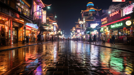 A dazzling night-time city street scene with colorful neon signs and wet reflections