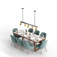 3D rendering of a modern table setting with marble top and contemporary chairs.