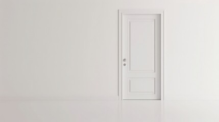 3D rendering of a white door in an empty room with copy space on the wall. Isolated interior design element mock up for advertising, banner or poster. Minimal concept.