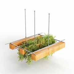 3D rendering of plants in a box with metal poles above.
