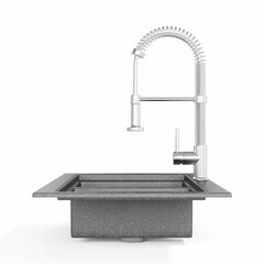 3D rendering of an adjustable spout on grey granite kitchen sink.