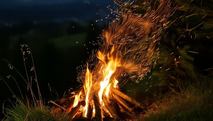 sparks from bonfire over dark night environment, shallow focus