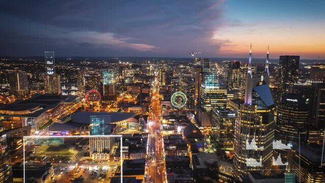 Timelapse of American cityscape with data visualizations overlay, showcasing urban analytics at dusk with augmented reality view
