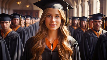 Obraz premium Graduates standing in straight rows in the university hallway, beautiful girl on foreground. Education and graduation theme.