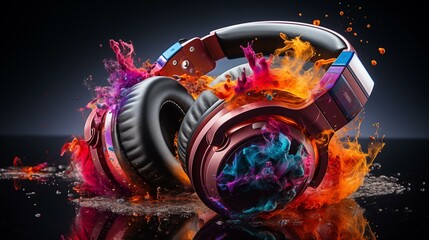 Stereo headphones exploding in festive colorful splash, dust and smoke with vibrant light effects