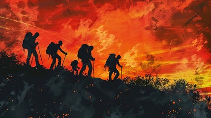 Fototapeta premium united in triumph climbers reach mountaintop through teamwork and perseverance silhouette illustration