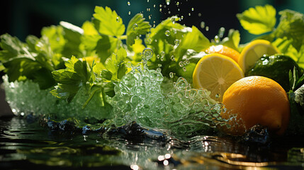 Fresh Lemon Drink in Glass With Vegetables on Table Blurry Background