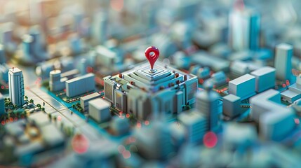 urban geofencing technology concept miniature city model with prominent geo pin marketing security and logistics applications