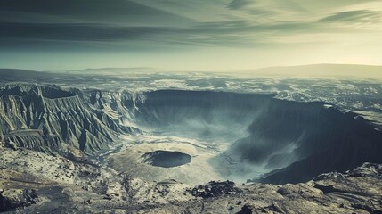 vast extraterrestrial landscape with colossal impact crater dramatic alien terrain concept