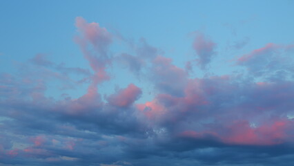 Clouds in different shades. Clouds during sunset. Panoramic view.