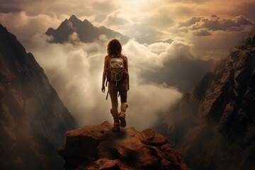 Solitary hiker stands on a mountain peak with a dramatic sunset and clouds in the background