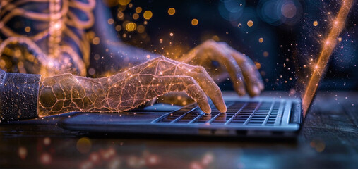 lighten hands Press the button on keyboard computer Key lock security system, neon, abstract technology world link security on hi-tech, lock finger Keyboard, cyber security, safety technology