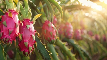 vibrant dragon fruit growing on summer plantation sunlit pitahaya tree in agricultural garden digital illustration