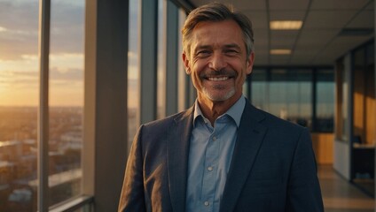 Portrait of a joyful middle age businessman wearing a suit standing in an office sunset background