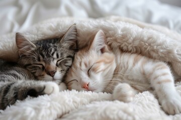 2 Lovely cats sleep together on white fluffy bed