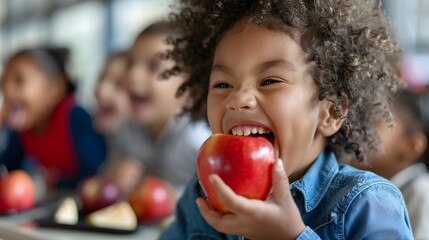 Fototapeta premium Young Student Eagerly Indulging in a Healthy School Lunch with Cheerful Classmates