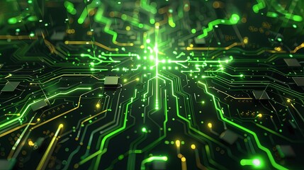 vibrant neon green circuit board emitting a powerful burst of electric energy digital art