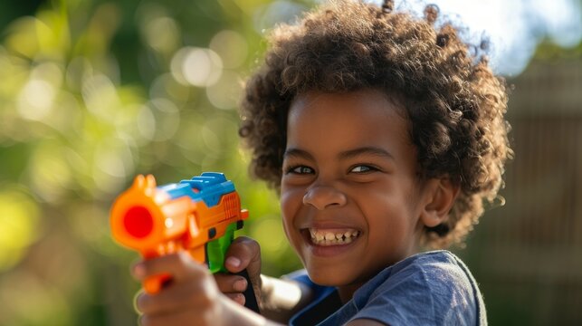 A young boy is holding a toy gun and smiling