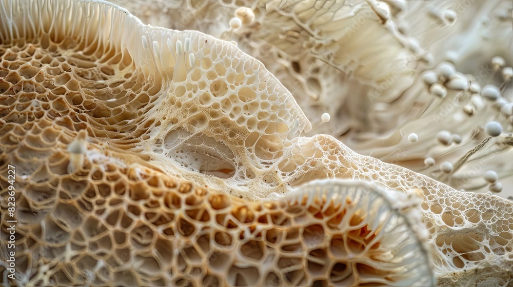 Poster intricate mycelium network enveloping mushroom stem base microscopic fungal thread tapestry abstract