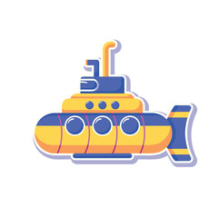 Obraz premium Yellow Submarine with periscope on white background. Underwater Sea research transport in flat style. Childish toy vector illustration. Suited for children coloring book, print, education, element