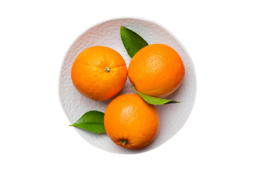 Flat lay of Fresh orange fruit with sliced in plate isolated on white background. Top view with copy space