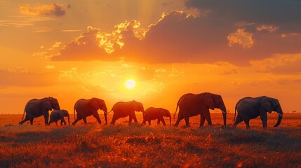 Fototapeta premium Majestic Elephants Walking at Sunset in the African Savanna