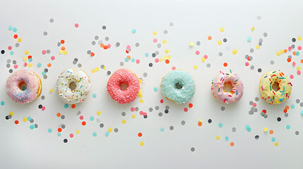 A row of multi-colored donuts covered with icing and confetti on a light white background for national donut day celebration