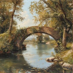 A painting of a bridge over a river with trees in the background