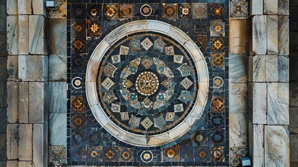 Overhead view of a tiled mosaic pattern in an ancient courtyard