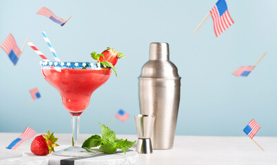 4th of July Holiday background. Patriotic Cocktail and flying or levitation USA decorative paper...
